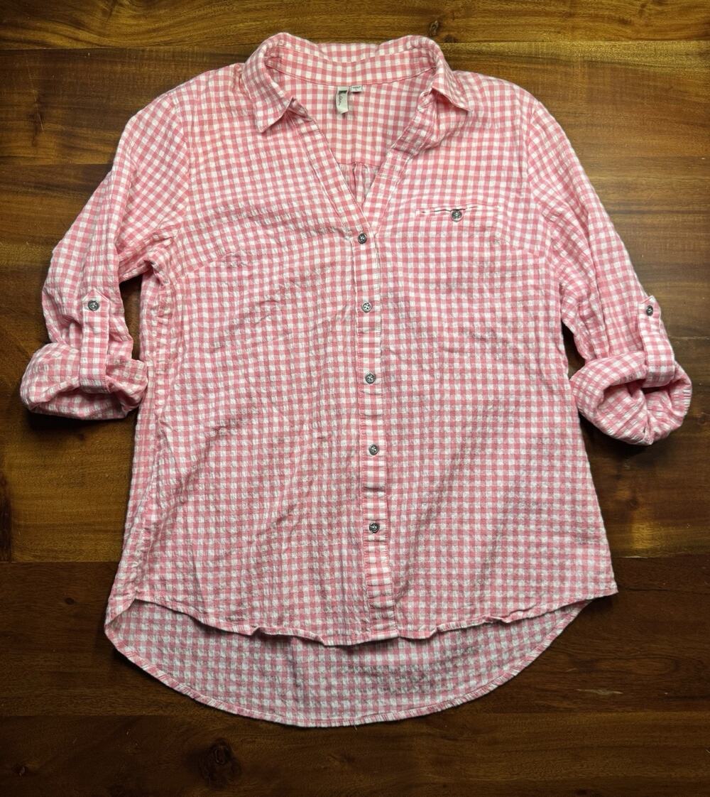 KUT From The Kloth Womens Pink Seersucker Gingham Button Up Roll Tab Shirt Sz L